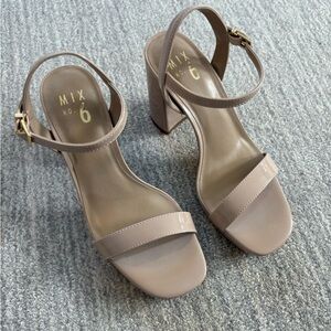 Mix No. 6 Patent Taupe Block Heel Ankle Strap Sandals